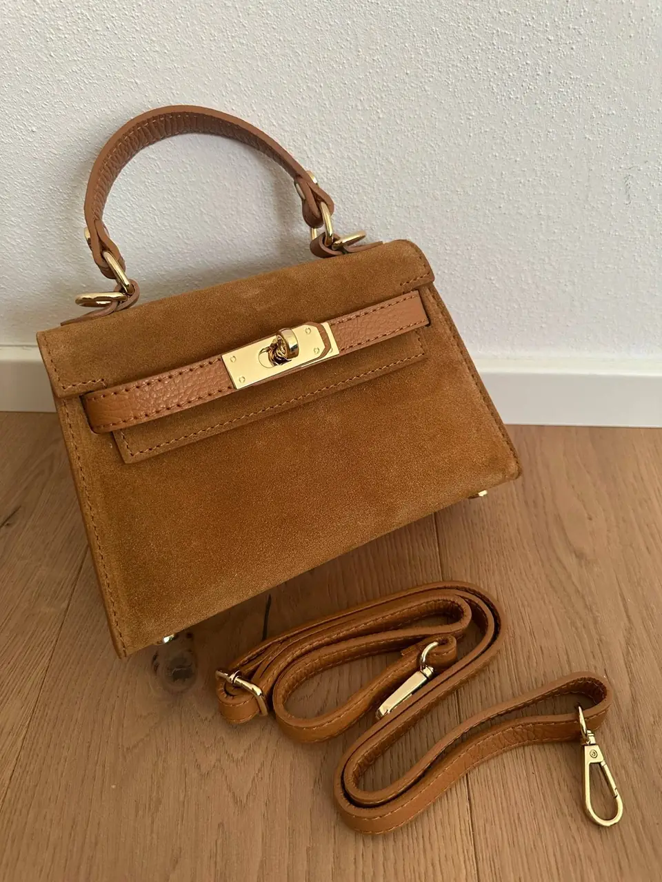 Italian Suede Mini Top-Handle Bag, view 3