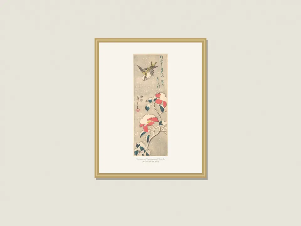 Sparrow and Snow Camellia Print